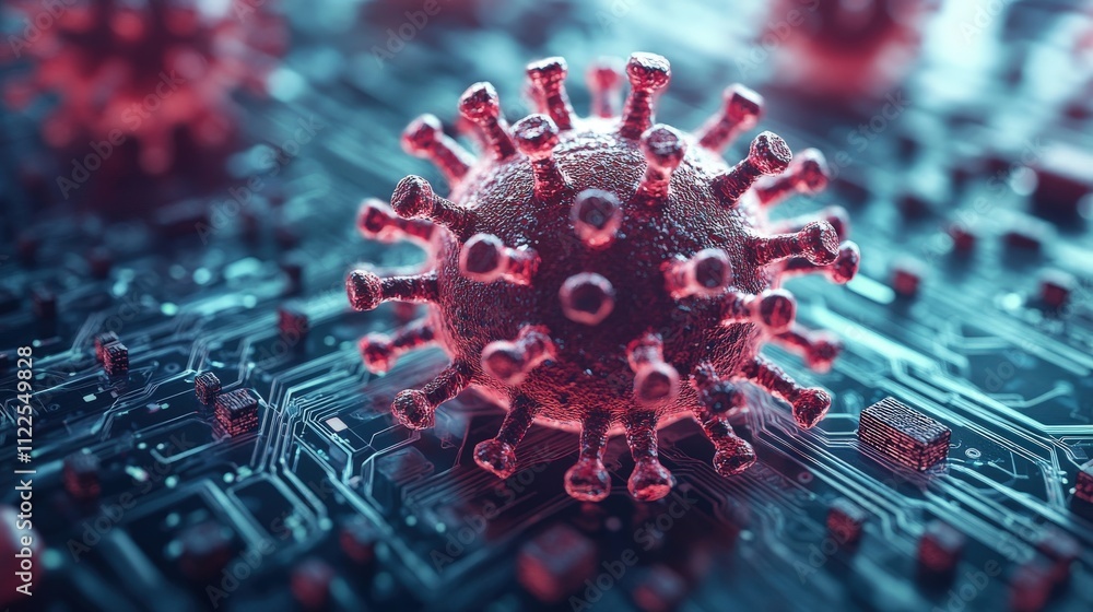 A digital representation of a virus on a circuit board, symbolizing technology and health. A digital representation of a virus on a circuit board, symbolizing technology and health.