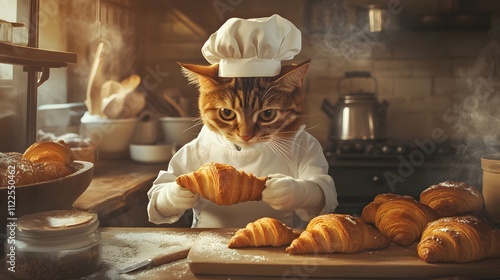 A delightful cat dressed in baker’s attire busily prepares fresh croissants in a warm, cozy kitchen. The playful and whimsical scene charm, humor, culinary creativity banner/blog/flyer/poster  photo