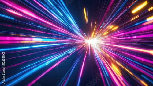 Abstract neon digital lines in dark space, glowing multicolored energy motion on black background. Cyberspace with fast light trails. Concept of tech, spectrum, color, data,