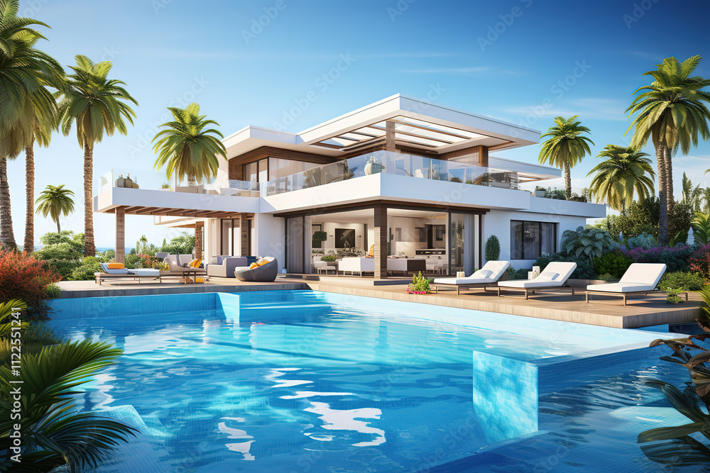 Fototapeta premium Luxury villa haven with a minimalist pool and expansive garden space
