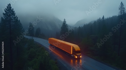A futuristic truck with an illuminated orange trailer travels through a misty forest road.