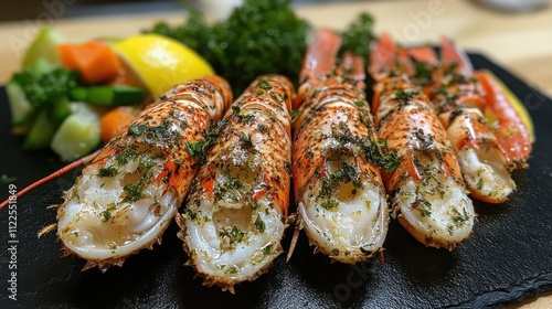 A gourmet dish featuring grilled lobster tails garnished with herbs and accompanied by vegetables.