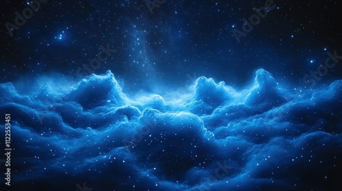 A mesmerizing blue cloudscape illuminated by stars, evoking a sense of tranquility.