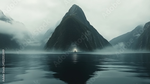 A misty landscape featuring towering mountains and calm waters, evoking a serene atmosphere.