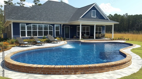 A modern house with a pool surrounded by landscaping in a serene outdoor setting.