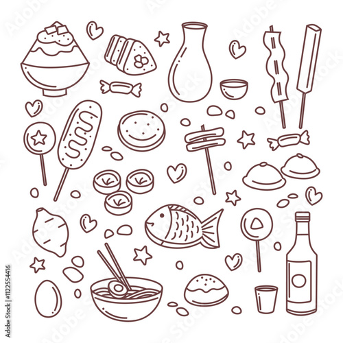 Korean food outline icon elements. Bingsoo, dalgona candy, ramyeon, bungeoppang, gimbap, songpyeon, tteokbokki, mandu, hotteok, makgeolli, soju.