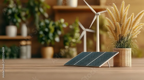 Renewable energy farm, solar and wind hybrid setup, rural transformation, 3D illustration photo