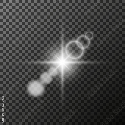 Glow light star, white sun rays, white glare bokeh.