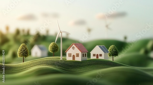 Renewable energy farm, solar and wind hybrid setup, rural transformation, 3D illustration photo