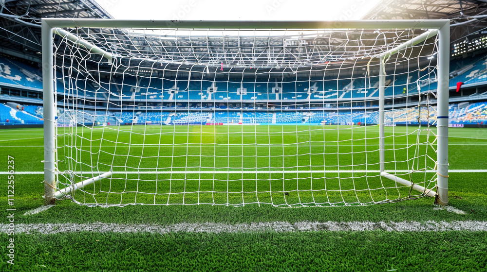 Fototapeta premium Empty football goal in the stadium, perfect for background or text and product promotion