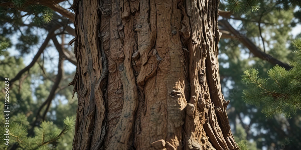 Fototapeta premium detailed view of a pine tree's trunk and branches, pine trunk, coniferous wood, branch details