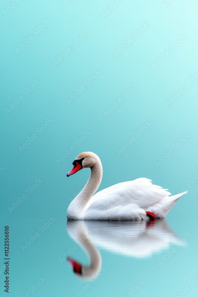 Fototapeta premium Serene Swan Gliding Gracefully on Calm Blue Background