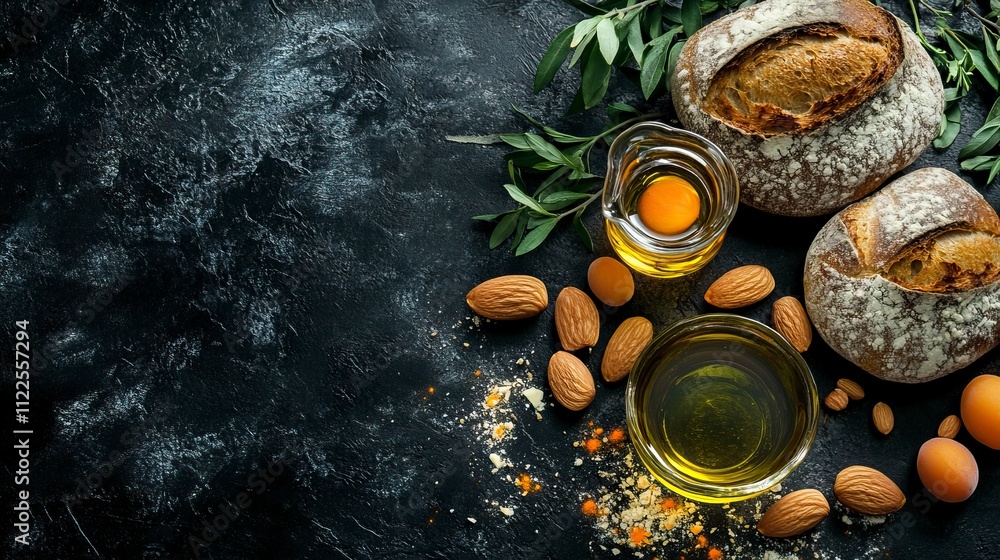 Ramadan iftar food - date fruits, ramadan fresh bread, olive oil, water, almonds, apricots on black, top view, copy space. Ramadan Kareem concept. Ramadan iftar food - date fruits, ramadan fresh bread, olive oil, water, almonds, apricots on black, top view, copy space. Ramadan Kareem concept.
