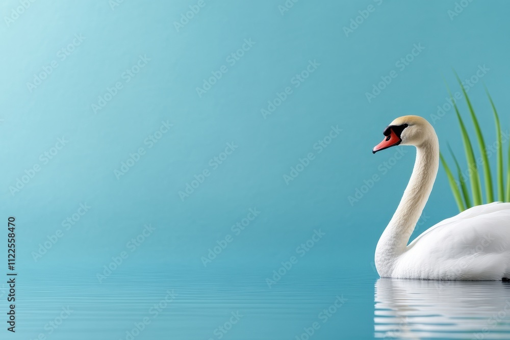 Fototapeta premium Serene Swan Gliding Gracefully on Calm Blue Background