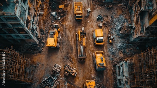 A construction site featuring a heavy-duty truck loaded with large concrete cylinders parked in a wet industrial area. The scene includes workers in safety gear and high-visibility vests. photo