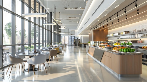 A contemporary hospital cafeteria with open seating and warm wooden decor.