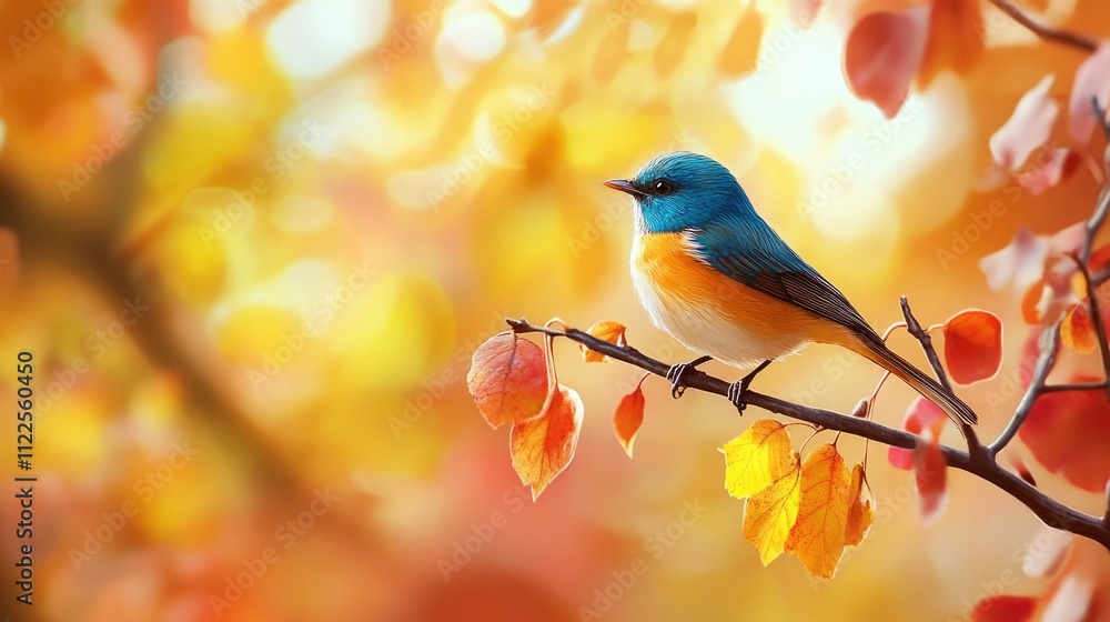 Fototapeta premium A colorful bird perched on a branch, surrounded by golden, orange, and red autumn leaves, evoking the peaceful essence of the fall season.
