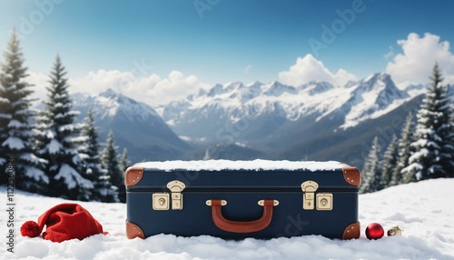 suitcase ready for holiday adventures amidst a snowy backdrop. Ideal for travel brochures, holiday greeting cards, or social media posts celebrating the spirit of the season!banner/web/design/flyer