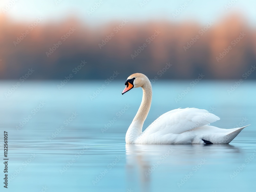 Fototapeta premium Serene Swan Gliding Gracefully on Calm Blue Water Background