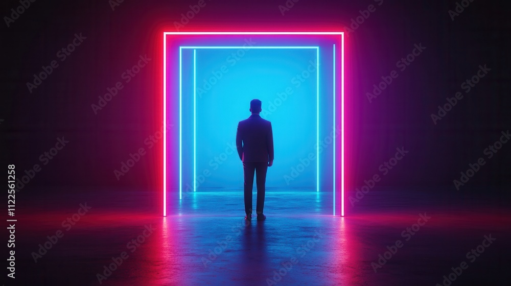 Obraz premium A silhouetted figure stands before a glowing neon frame, surrounded by a vibrant blue and pink light, creating a striking, futuristic atmosphere.