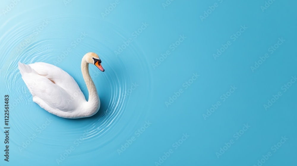 Fototapeta premium Serene Swan Gliding Gracefully on Calm Blue Background