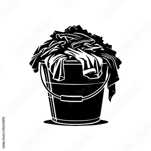 A silhouette of a laundry bucket filled with dirty clothes. Vector illustration.