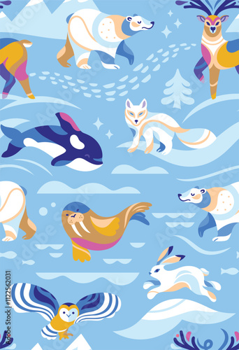 Snowy animals isolated on blue background. Pattern Design