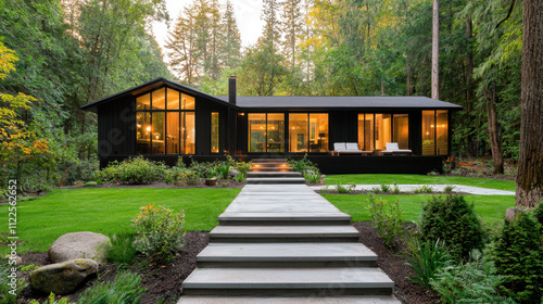 Private Ownership. A modern black house surrounded by greenery, featuring large windows and a stone pathway leading to the entrance.