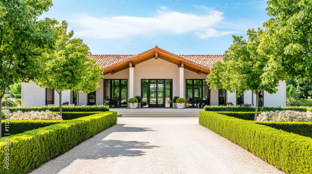 Private Ownership. A beautiful, modern house surrounded by lush greenery and neatly trimmed hedges, showcasing a serene outdoor environment and elegant architecture. Private Ownership. A beautiful, modern house surrounded by lush greenery and neatly trimmed hedges, showcasing a serene outdoor environment and elegant architecture.