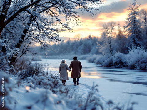 겨울 산책 중인 노부부와 따뜻한 석양 Senior Couple Enjoying Walk in Winter Sunset photo