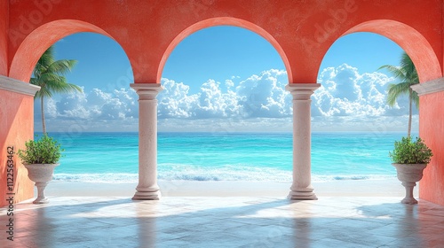 A serene beach view through arches, showcasing turquoise waters and palm trees.