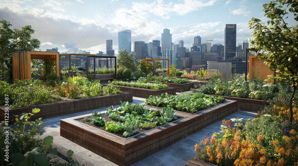 Fototapeta premium 4) An aerial view of an urban rooftop garden, with lush green vegetables, raised planter boxes, a city skyline backdrop, diverse crops, sustainable agriculture, leafy greens, modern structures, and a