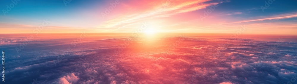 Obraz premium A breathtaking view of a vibrant sunrise above fluffy clouds, showcasing a stunning gradient of colors in the sky.