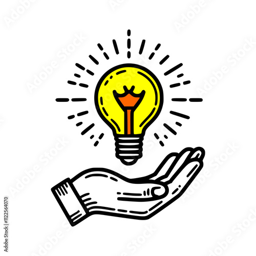 a lamp above the hand. thin outline. creative idea imagination solution vector illustration template design