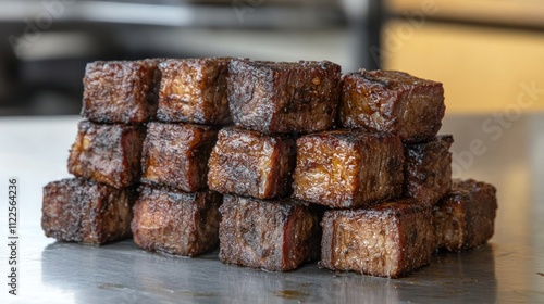 Stack of perfectly seared, dark brown beef cubes. photo