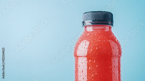 Bright sports drink bottle with condensation on blue background