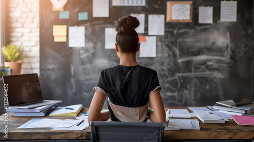 Professional woman at chalkboard with career change concept in multiple languages, globe and laptop in office setting, allowing space for text or design integration.