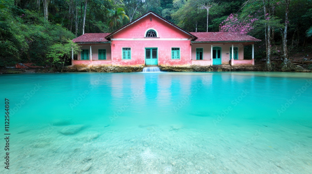 Obraz premium Tranquil Pink House by Turquoise Waterfall Lush Forest Scene