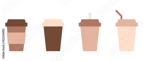 Disposable takeaway cup for hot drinks, coffee, tea, chocolate clipart collection. Hand drawn isolated vector mug set.