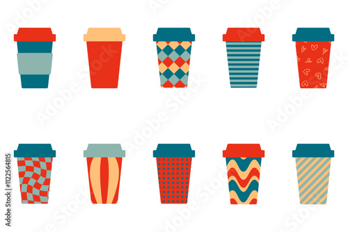 Geometric paper, plastic takeaway cup clipart collection. Hand drawn vector mug set. Simple flat illustration isolated on white background.