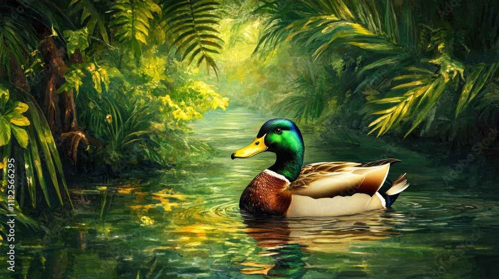 Obraz premium A vibrant male mallard duck gracefully swimming in a calm pond, surrounded by lush green water and foliage, creating a peaceful natural scene.