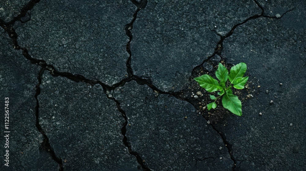 Fototapeta premium A small green plant emerges from a cracked asphalt surface, symbolizing resilience, hope, and the power of life to thrive even in harsh conditions.