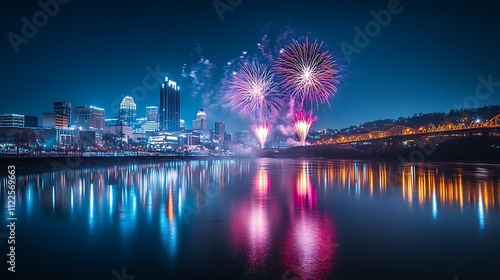 Wallpaper Mural Night City Skyline Fireworks Reflecting In Water Torontodigital.ca