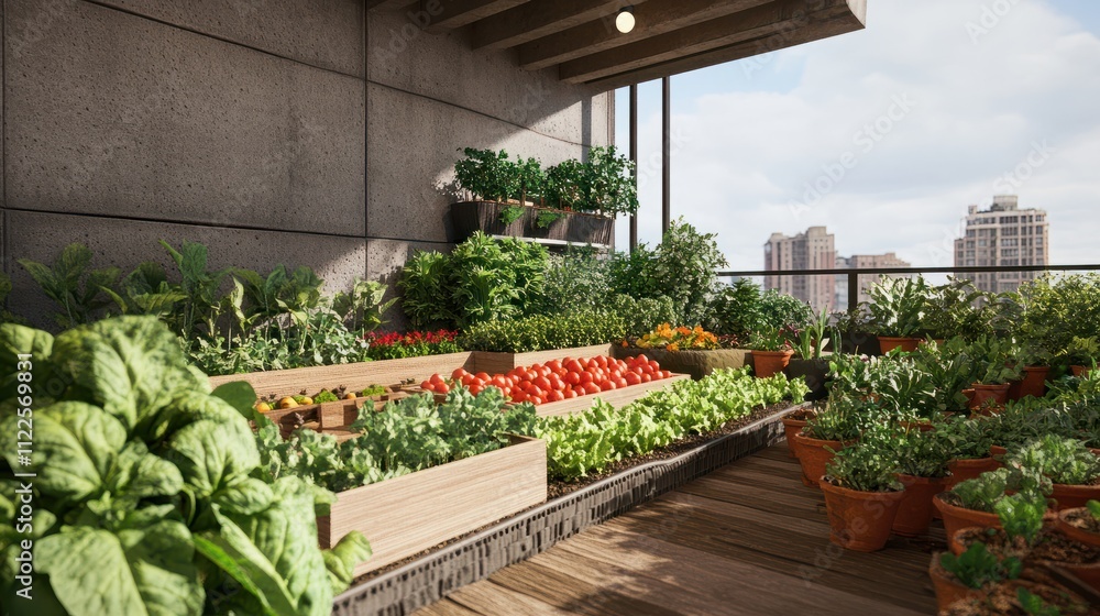 An urban rooftop garden with a variety of vegetables and herbs, showcasing urban farming and green living An urban rooftop garden with a variety of vegetables and herbs, showcasing urban farming and green living