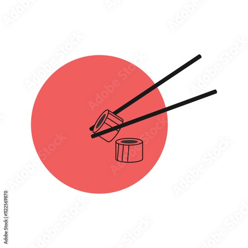 Vector illustration of a set roll, sushi with chopsticks. Asian cuisine. Icons of dishes.
