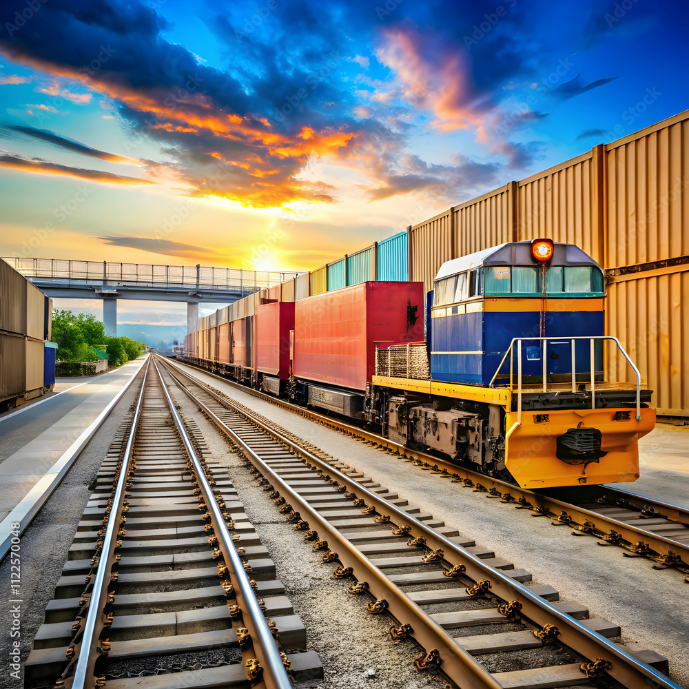 Obraz premium A freight train loading dock featuring cranes, containers, and workers, bustling