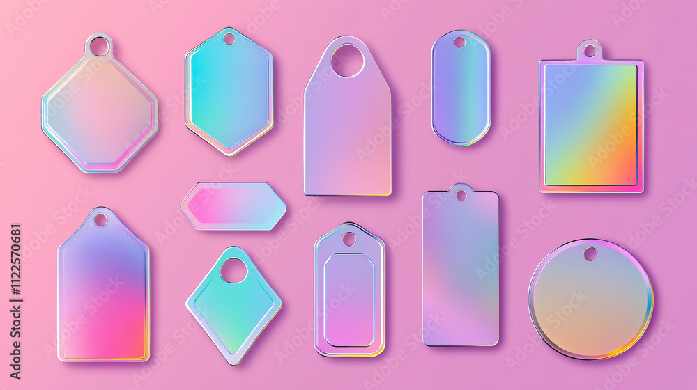 A collection of blank sticker shapes for design mockups, featuring holographic textures for tags and labels.