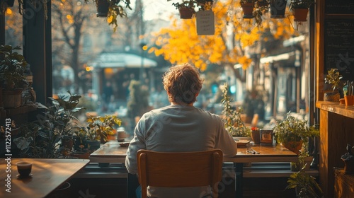 A man sitting alone at a café, staring out the window with a contemplative, distant look 