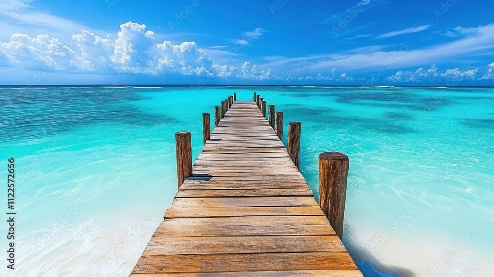 Fototapeta premium Travel image showing a wooden pier leading into the turquoise ocean on an exotic beach