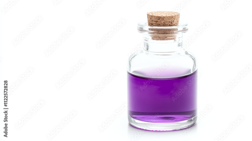 Purple liquid in a glass bottle with cork on a white isolated background. Purple liquid in a glass bottle with cork on a white isolated background.
